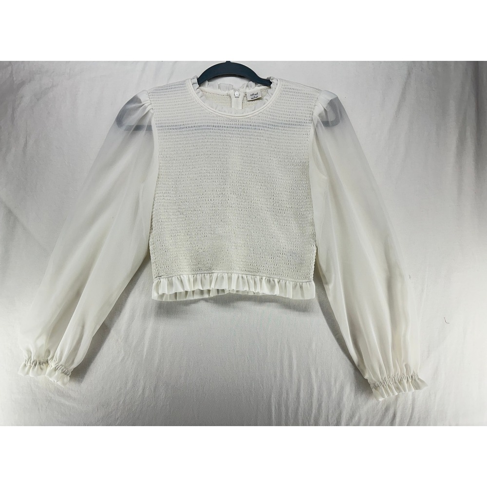 Wilfred Aritzia White Smocked Puff Sleeve Blouse Ruffle Trim Top Small